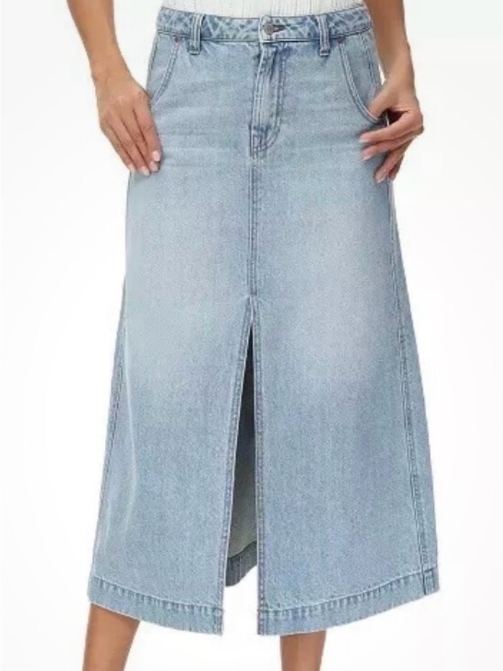 FRYE Light Wash Denim Midi Skirt with Front Slit